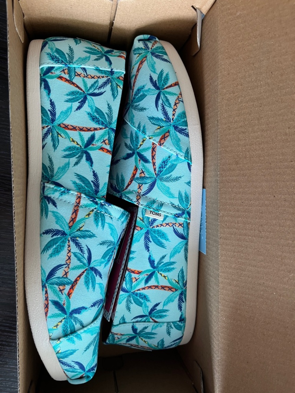 TOMS Palm Print Canvas Slip-Ons in Aqua and Teal